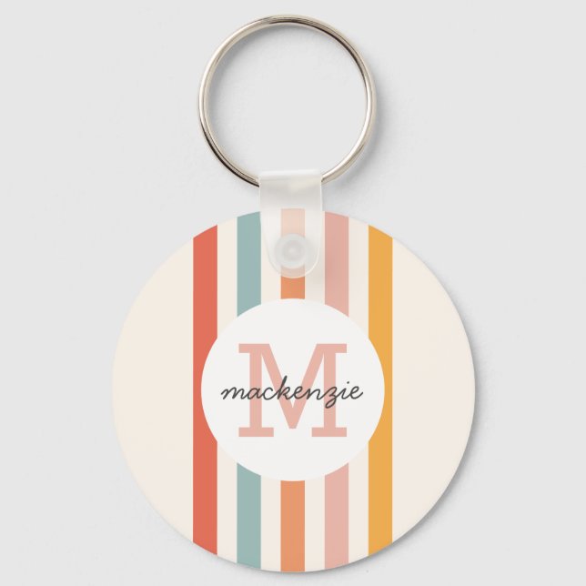 Monogrammed Retro Colourful Stripes Personalized Keychain (Front)
