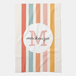 Monogrammed Retro Colourful Stripes Personalized Kitchen Towel