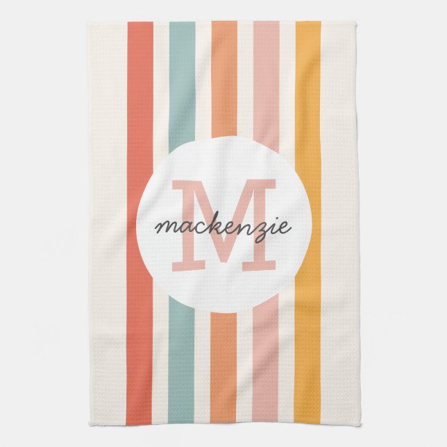 Monogrammed Retro Colourful Stripes Personalized Kitchen Towel (Vertical)