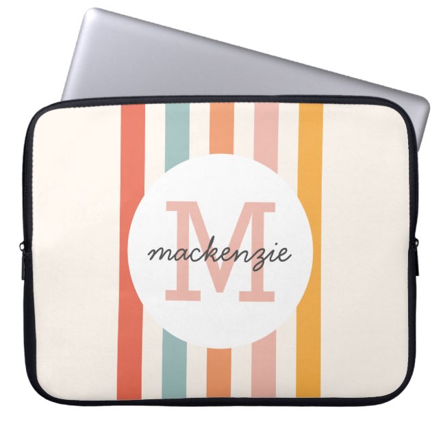 Monogrammed Retro Colourful Stripes Personalized Laptop Sleeve (Front)