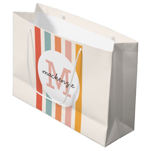 Monogrammed Retro Colourful Stripes Personalized Large Gift Bag (Front Angled)