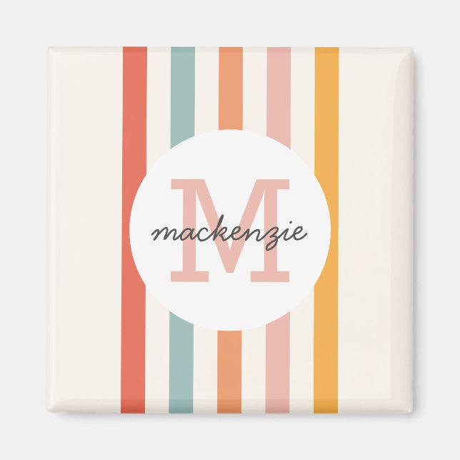 Monogrammed Retro Colourful Stripes Personalized Magnet (Front)