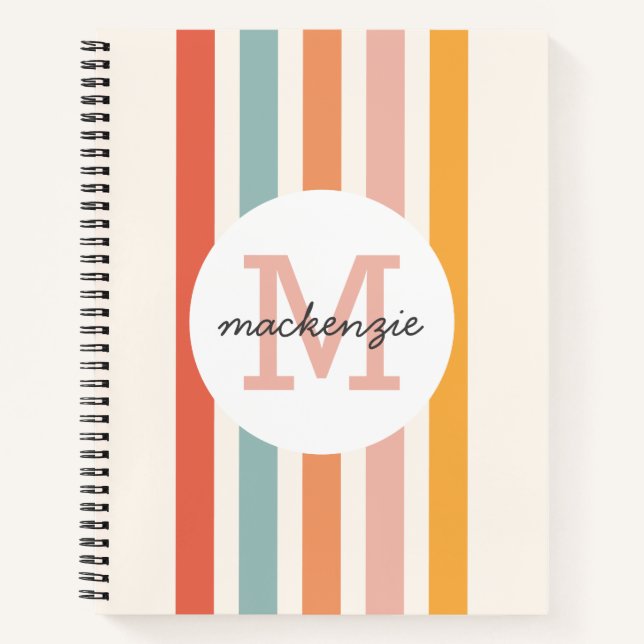 Monogrammed Retro Colourful Stripes Personalized Notebook (Front)