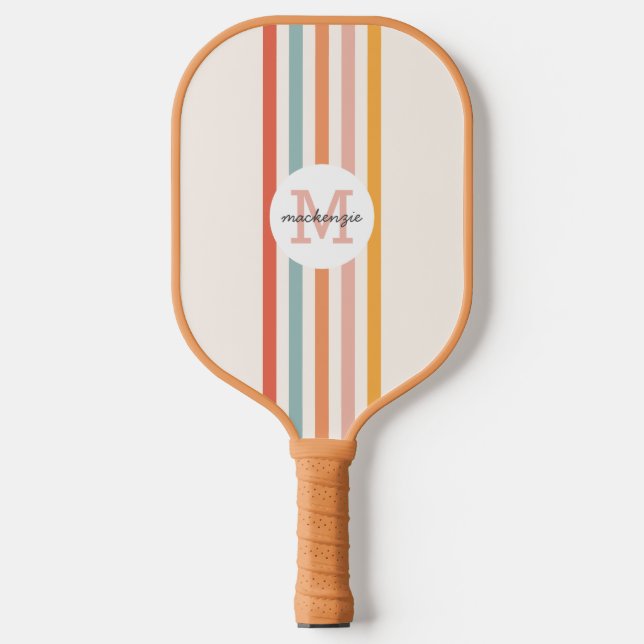 Monogrammed Retro Colourful Stripes Personalized Pickleball Paddle (Front)