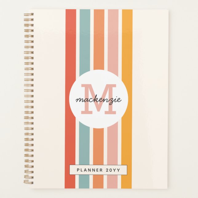 Monogrammed Retro Colourful Stripes Personalized Planner (Front)