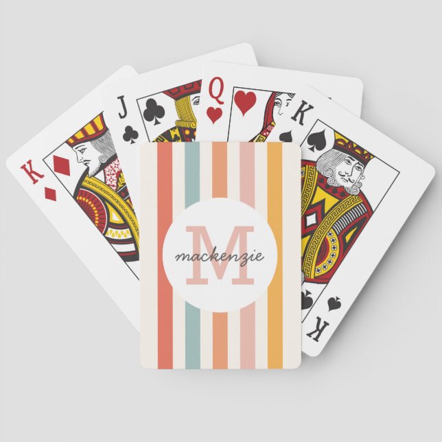 Monogrammed Retro Colourful Stripes Personalized Playing Cards (Back)