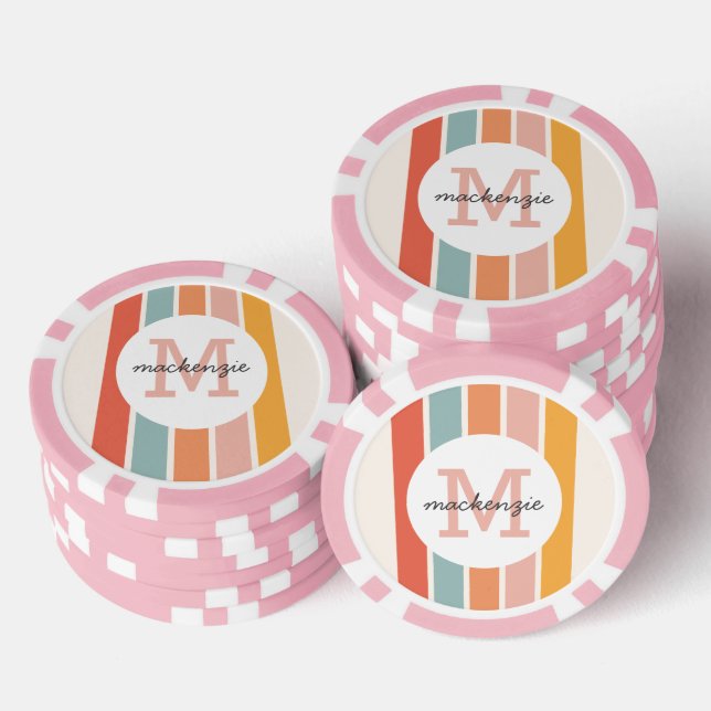 Monogrammed Retro Colourful Stripes Personalized Poker Chips (Stack)