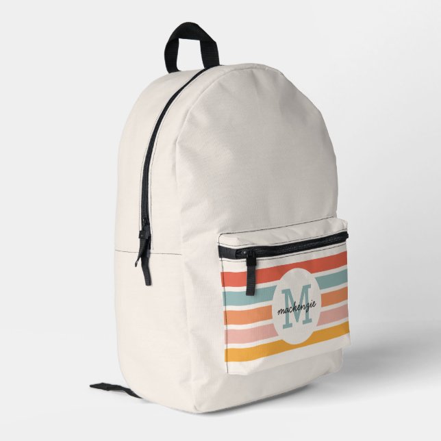 Monogrammed Retro Colourful Stripes Personalized Printed Backpack (Back Corner Left)