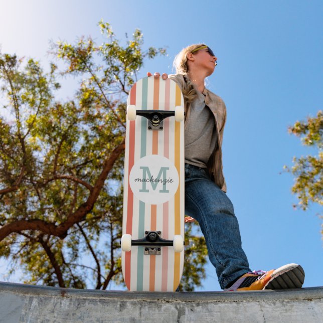 Monogrammed Retro Colourful Stripes Personalized Skateboard (Outdoor 1)