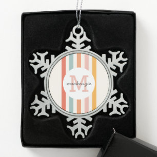 Monogrammed Retro Colourful Stripes Personalized Snowflake Pewter Christmas Ornament