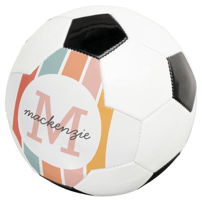 Monogrammed Retro Colourful Stripes Personalized Soccer Ball (Three Quarter)