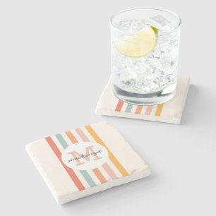 Monogrammed Retro Colourful Stripes Personalized Stone Coaster