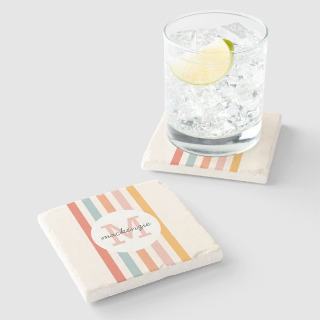 Monogrammed Retro Colourful Stripes Personalized Stone Coaster (Side)
