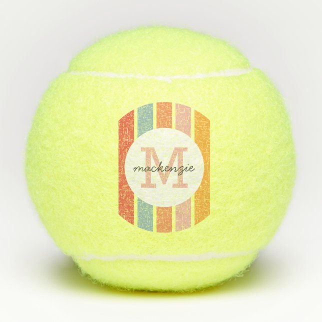 Monogrammed Retro Colourful Stripes Personalized Tennis Balls (Front)