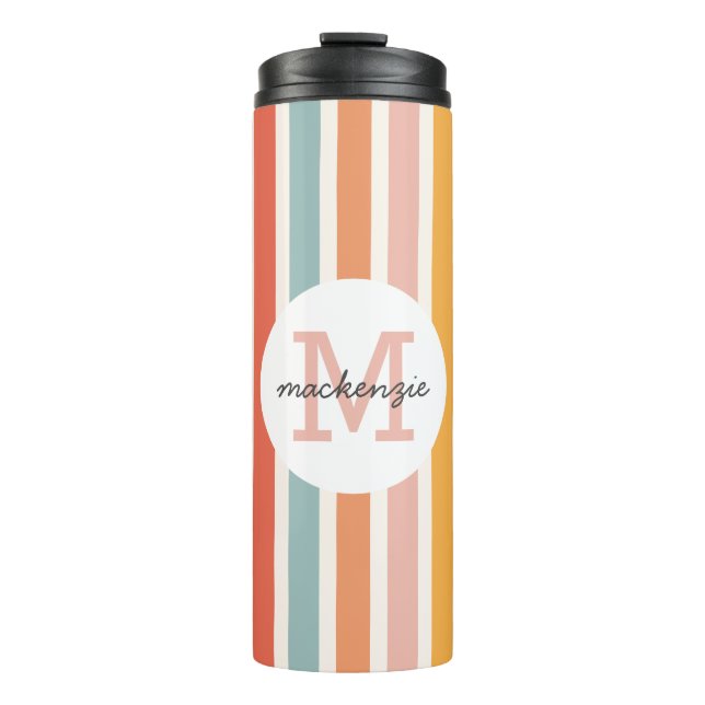 Monogrammed Retro Colourful Stripes Personalized Thermal Tumbler (Front)