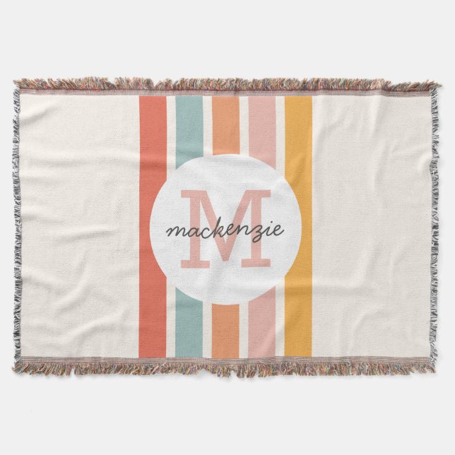Monogrammed Retro Colourful Stripes Personalized Throw Blanket (Front)