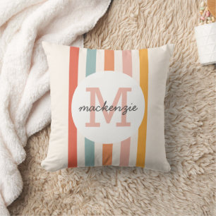 Monogrammed Retro Colourful Stripes Personalized Throw Pillow