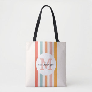 Monogrammed Retro Colourful Stripes Personalized Tote Bag