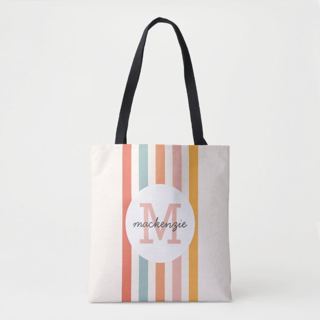 Monogrammed Retro Colourful Stripes Personalized Tote Bag (Front)