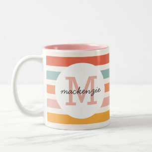 Monogrammed Retro Colourful Stripes Personalized Two-Tone Coffee Mug