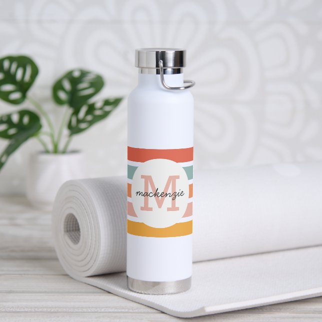 Monogrammed Retro Colourful Stripes Personalized Water Bottle (Yoga)