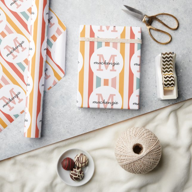 Monogrammed Retro Colourful Stripes Personalized Wrapping Paper (Crafts)