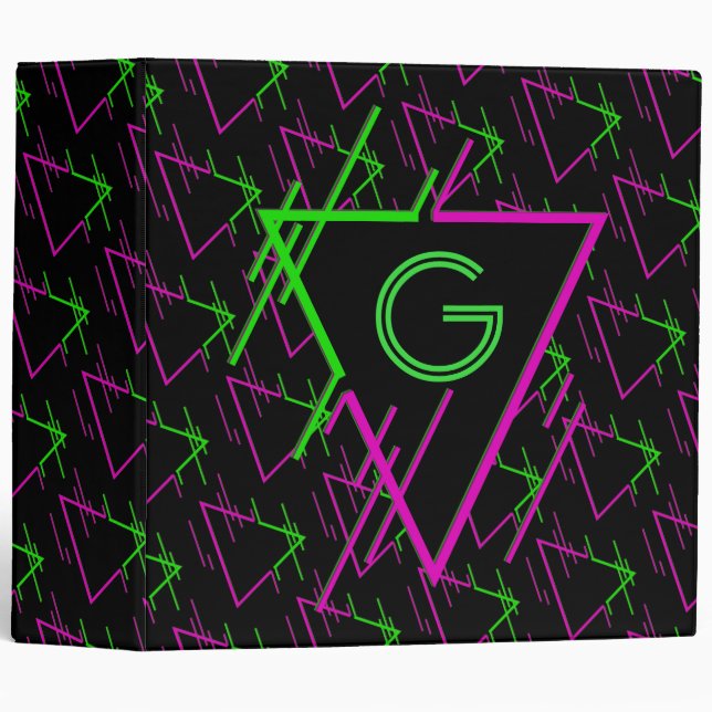 Monogrammed Retro Neon Geometric Pattern  Binder (Front/Spine)