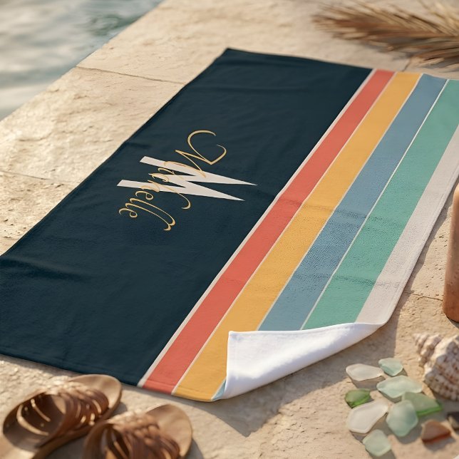 Monogrammed retro vintage colour palette stripes beach towel (Creator Uploaded)