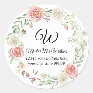 Monogrammed Return Address Blush Ivory Rose Floral Classic Round Sticker