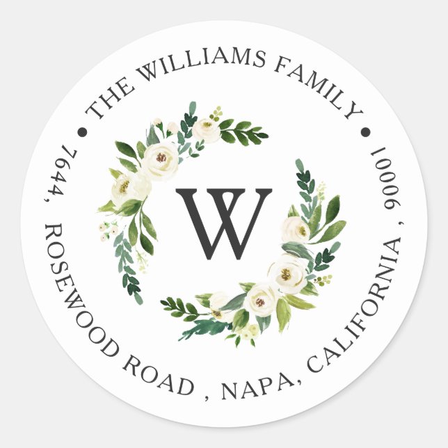 Monogrammed Return Address White Roses Sticker (Front)