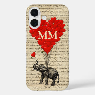 Monogrammed romantic elephant and heart iPhone 16 case