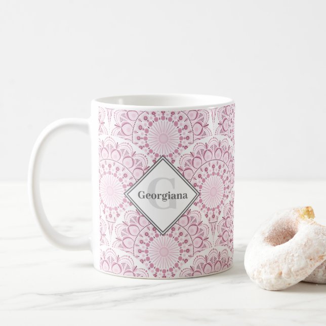 Monogrammed Rose Confetti Lace Dot Mandala Deco Coffee Mug (With Donut)