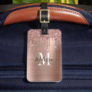 Monogrammed Rose Gold Glitter Drip Brushed Metal  Luggage Tag