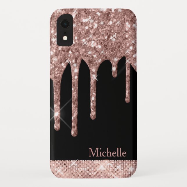 Monogrammed Rose Gold Glitter Drips on Black Case-Mate iPhone Case (Back)