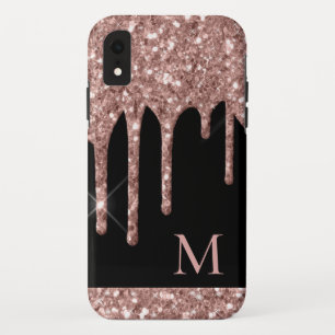Monogrammed Rose Gold Glitter Drips on Black iPhone XR Case