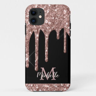 Monogrammed Rose Gold Glitter Drips on Black iPhone 11 Case