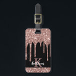 Monogrammed Rose Gold Glitter Drips on Black Luggage Tag<br><div class="desc">Modern, girly rose gold glitter drips name and monogrammed luggage tag. This design features blush pink rose gold glitter sparkle drips on black colour background with custom personalized monogram initial and first name text template. Perfect feminine gift. Please note, this design is printed photo effect. If you need help or...</div>