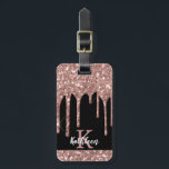 Monogrammed Rose Gold Glitter Drips on Black Luggage Tag<br><div class="desc">Modern, girly rose gold glitter drips name and monogrammed luggage tag. This design features blush pink rose gold glitter sparkle drips on black colour background with custom personalized monogram initial and first name text template. Perfect feminine gift. Please note, this design is printed photo effect. If you need help or...</div>