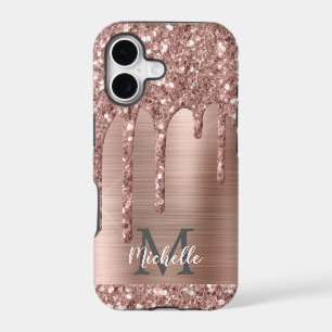 Monogrammed Rose Gold Glitter Drips on Pink Metal