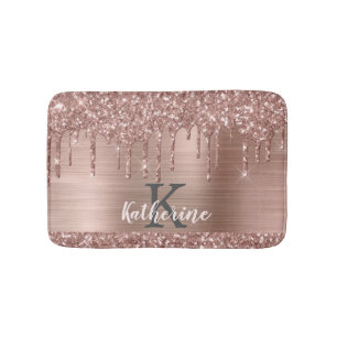 Monogrammed Rose Gold Glitter Drips on Pink Metal Bath Mat
