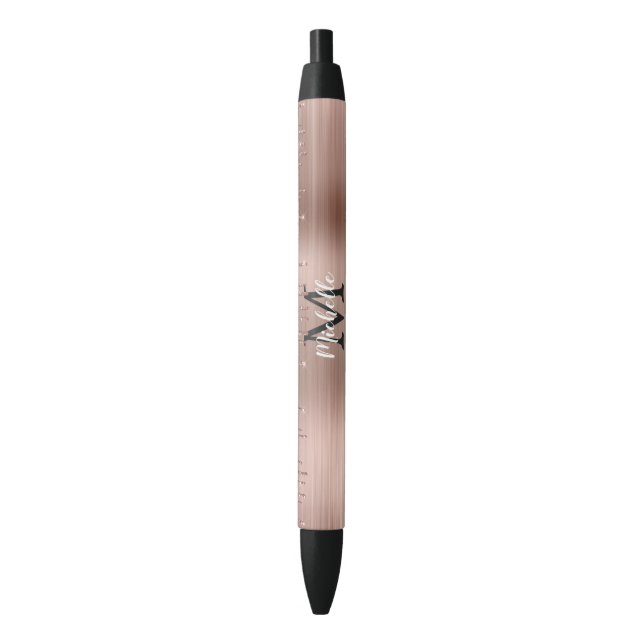 Monogrammed Rose Gold Glitter Drips on Pink Metal  Black Ink Pen (Front Vertical)