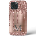 Monogrammed Rose Gold Glitter Drips on Pink Metal