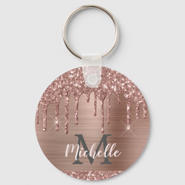 Monogrammed Rose Gold Glitter Drips on Pink Metal Keychain (Front)