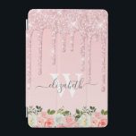 Monogrammed Rose Gold Glitter Drips Pink Floral iPad Mini Cover<br><div class="desc">Modern, girly rose gold glitter drips name and monogrammed ipad cover. This design features blush pink rose gold glitter sparkle drips on pink background. At the bottom blush pink watercolor rose floral arrangement. Including a custom personalized monogram initial and a first name text template in hand lettered script font. Perfect...</div>