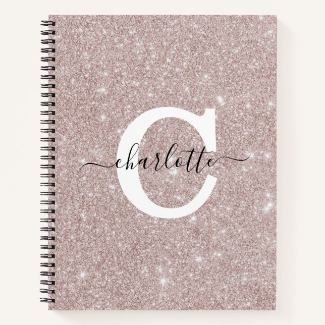 Monogrammed Rose Gold Glitter Pink Script Notebook (Front)