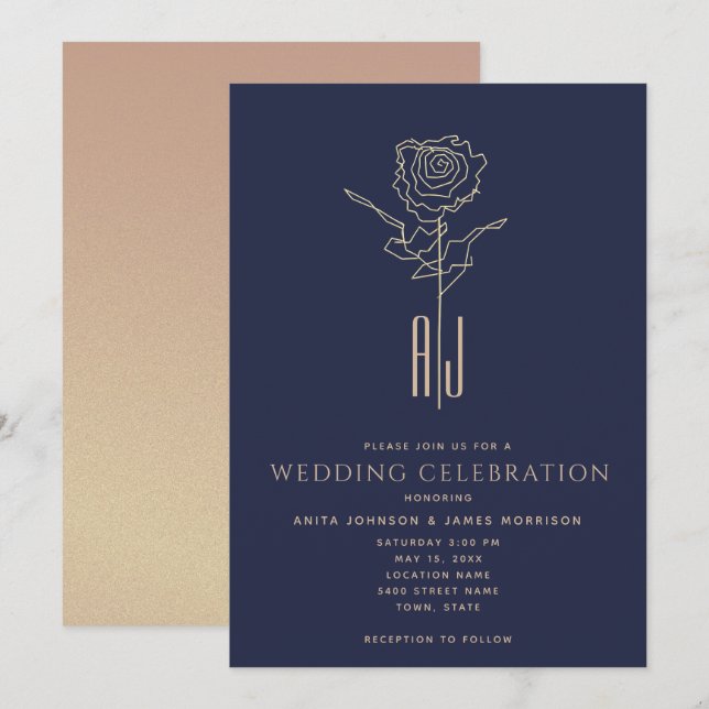 Monogrammed Rose Gold Navy Blue Wedding Invitation (Front/Back)