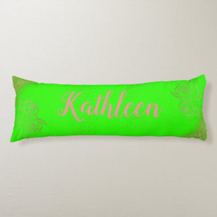 Monogrammed Rose Gold Pink Roses on Green Body Pillow