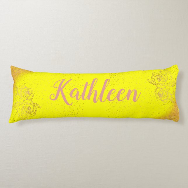 Monogrammed Rose Gold Pink Roses on Yellow |  Body Pillow (Front)