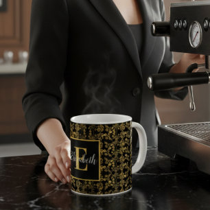 Monogrammed Royal Black & Gold Floral Damask Coffee Mug