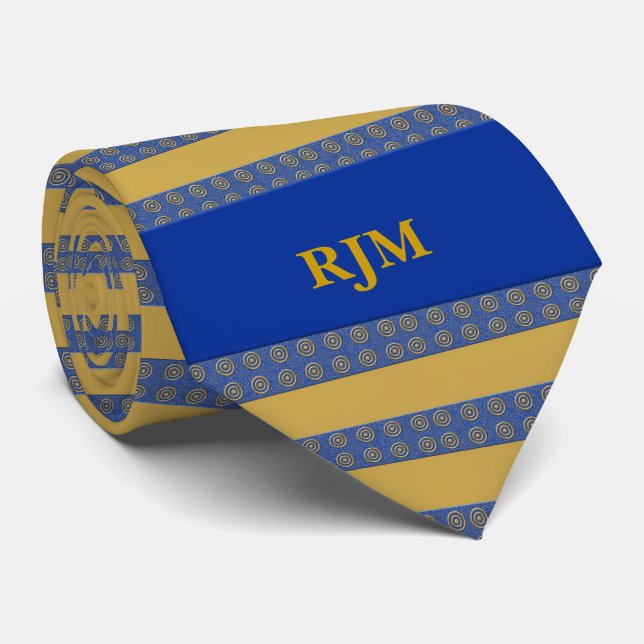 Monogrammed Royal Blue and Gold Stripes Tie (Rolled)